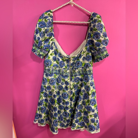 ALICE + OLIVIA Crawford Sweetheart Mini Dress Blue Floral Ruffle Eyelet - Picture 7 of 7